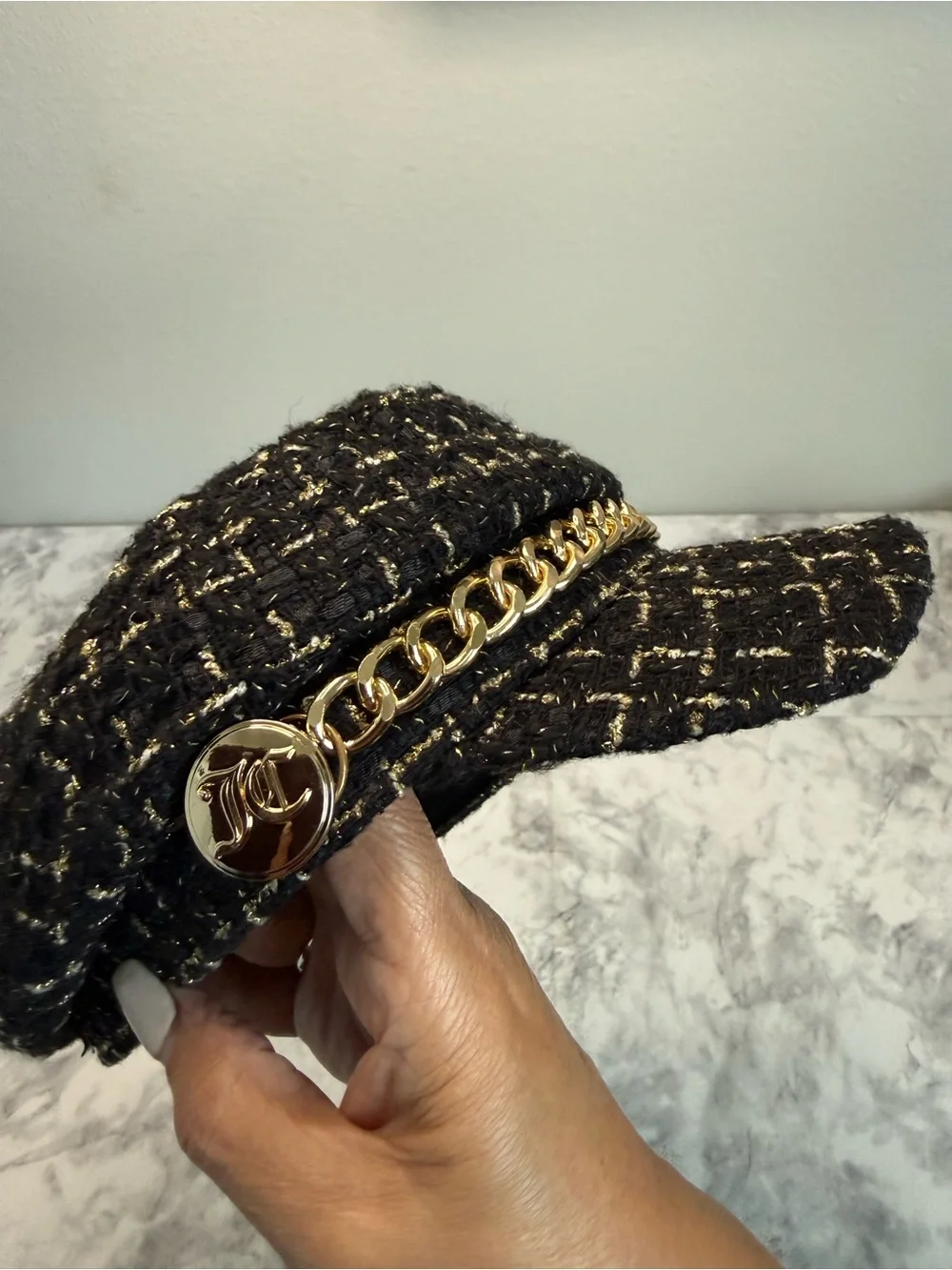 Vintage Y2K Juicy Couture Black Tweed Newsboy Cap with Gold Chain Accent
